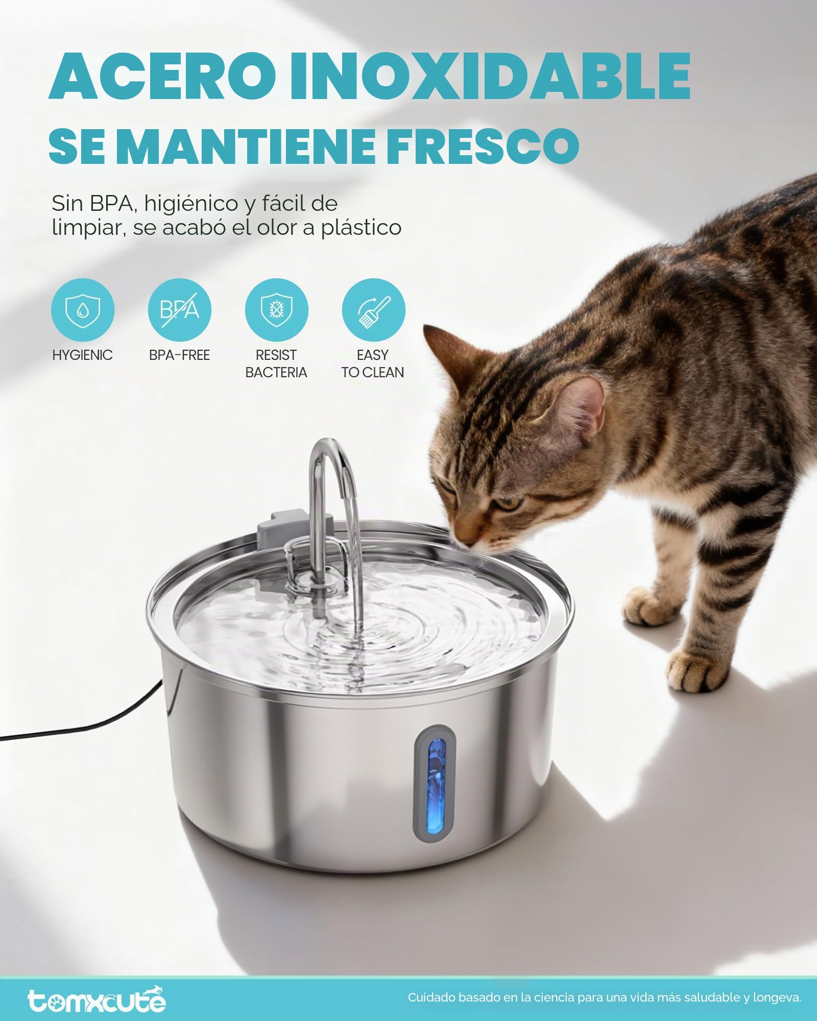 Tomxcute - Fuente de Agua para Gatos, dispensador automático de Agua de Acero Inoxidable de 3.2 l/12 onzas, Bomba Ultra silenciosa y 3 filtros de Repuesto y para Gatos, Perros, múltiples Mascotas