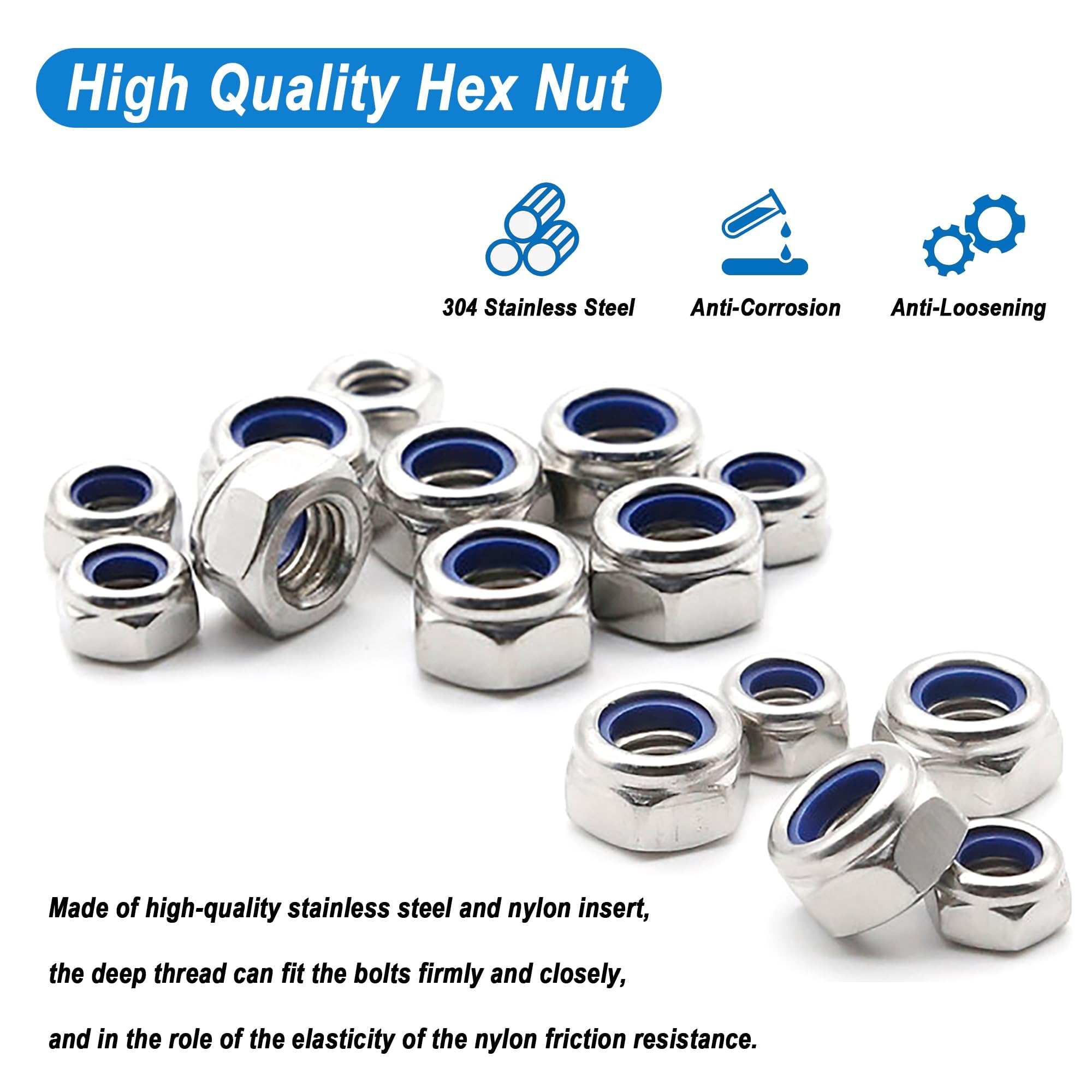 TA-VIGOR 180Pcs Nylon Hex Lock Nuts Assortment Kit, M3 M4 M5 M6 M8 M10 M12 Stainless Steel Nylon Insert Self-locking Nuts - Image 3