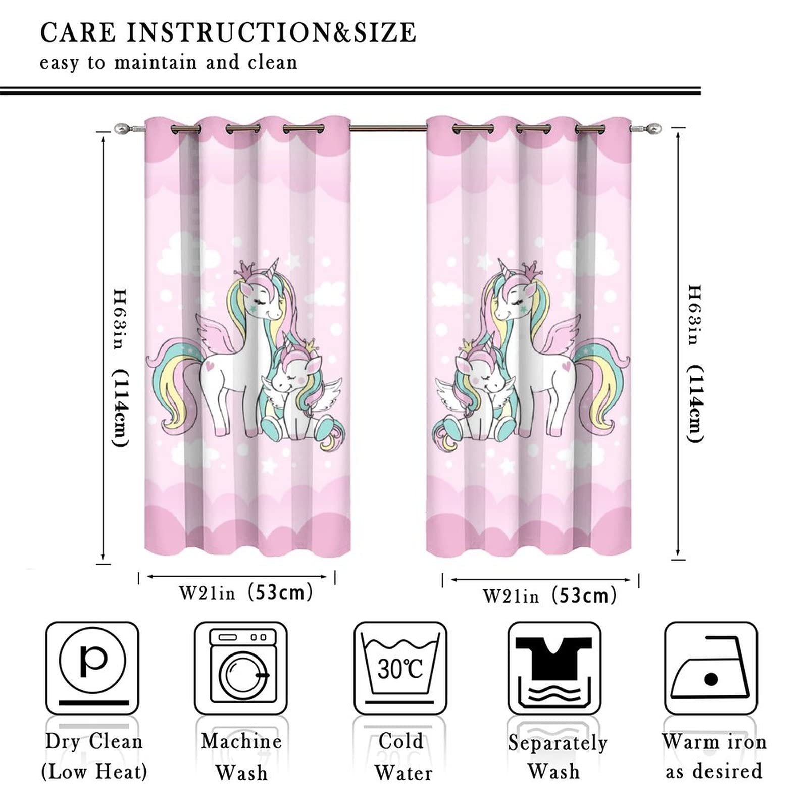 Kazynee Kids Cute Unicorn Blackout Curtains - Cartoon Girls Room Decor Unicorn Pink Grommet Window Drapes Set Energy Saving Thermal Insulated Drapes for Living Room Nursery,2 Panels 45L x 21W
