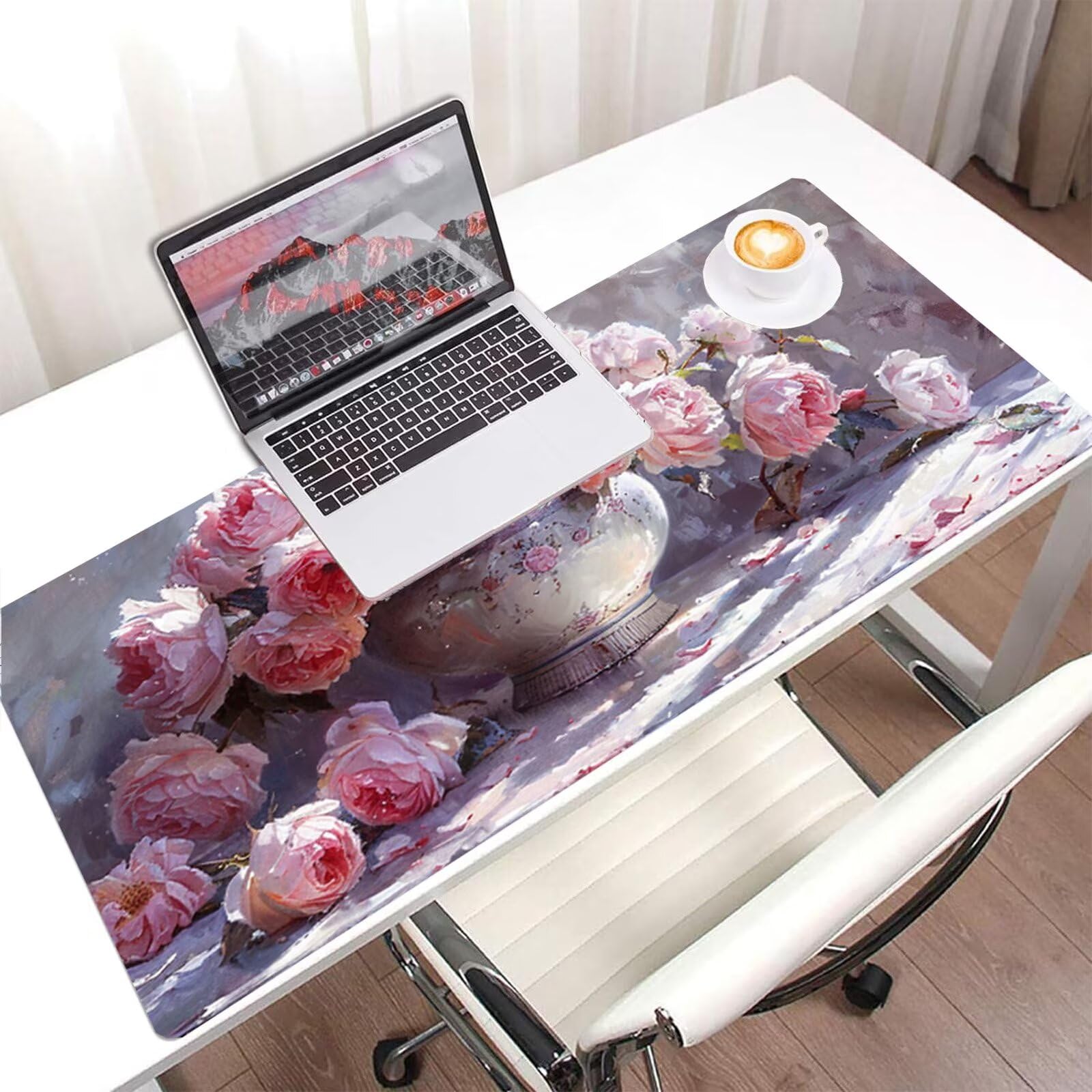 Podkładka pod mysz Piwonia XXL 1200x600, podkładka pod mysz pod biurko różowa podkładka pod mysz wodoodporna, mysz z antypoślizgową podstawą, pod ręką szyte krawędzie, akcesoria do gier, prezent H2