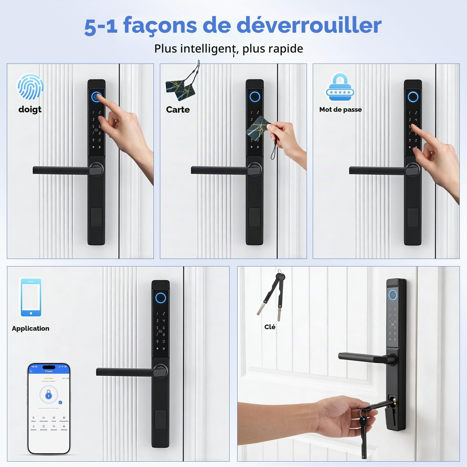 Serrure de porte intelligente Eirolace avec empreinte digitale, serrure de porte d’entrée intelligente avec poignée et clavier tactile, empreinte digitale à semi-conducteur, RFID/APP/Code/Télécommande