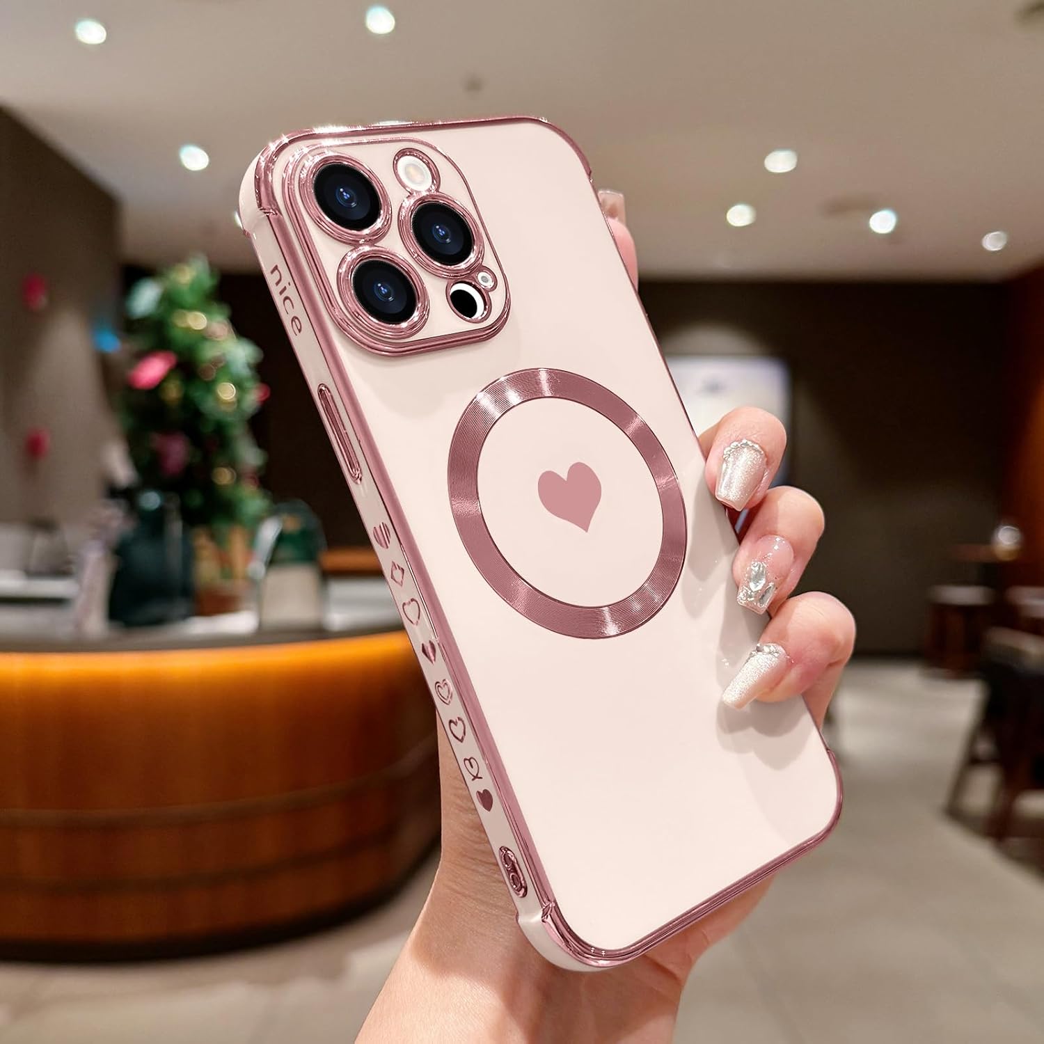 Magnetic Case for iPhone 15 Pro Max Women Girl Luxury Plating Cute Love Heart Slim Cover Full Camera Lens Protection Compatible with MagSafe for iPhone 15 Pro Max Pink - Image 6