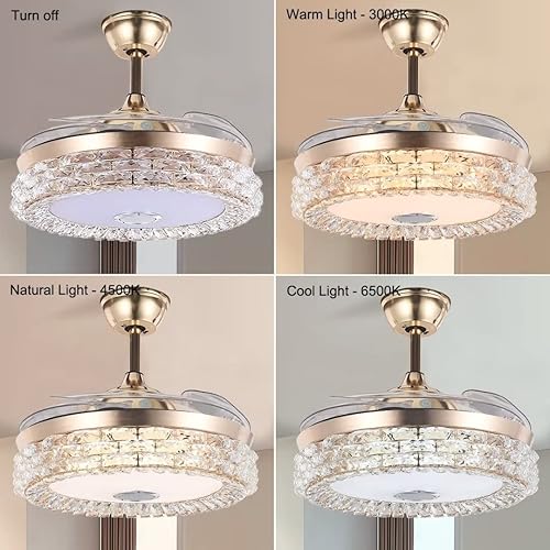 Miniatura 6 de Ventilador de techo de cristal de lujo de 42 pulgadas con control remoto de luz, moderno ventilador retráctil inteligente con altavoz Bluetooth,
