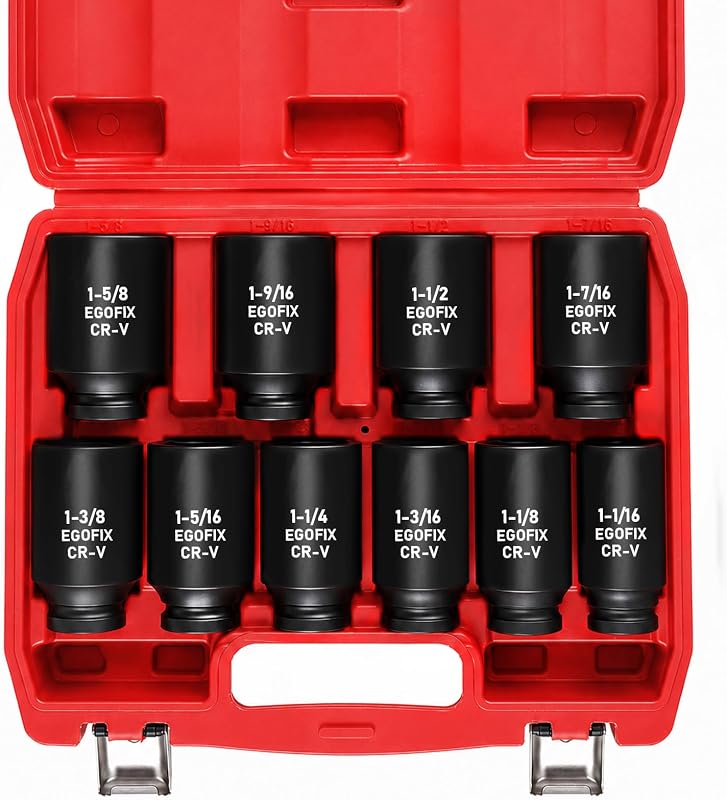 Kit de Soquetes de Impacto para Porca de Eixo EGOFIX 1/2 pol. em Aço CR-MO, 6 Pontos, de 26,99 a 41,28 mm, com 10 Peças