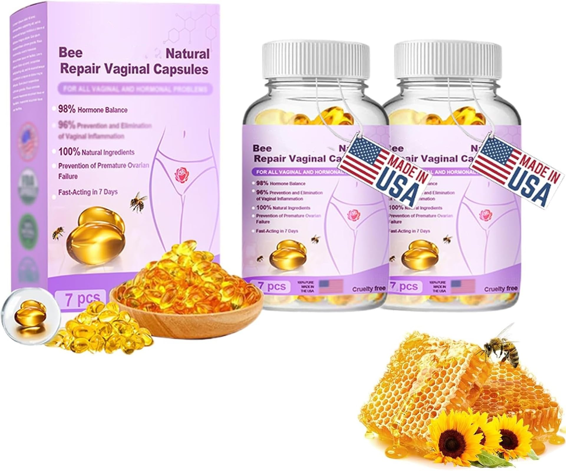 Lenreey Bee Natural Repair Vaginal Capsules, Instant Anti-Itch Detox Slimming Repair Capsules, Lanrey Bee Capsules for Vaginal Tightening (2Pcs, 1)