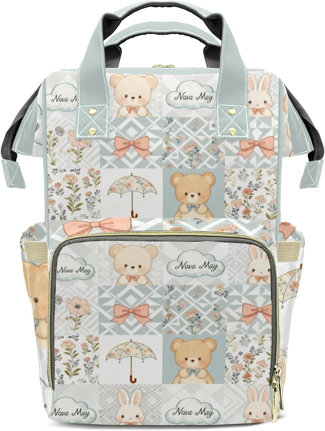 Customizable Large Capacity Patchwork Bear Clouds Bows Diaper Bag Personalized Name,Waterproof Multi-Function Mommy Bag with Thermal Pockets for Girls Boys