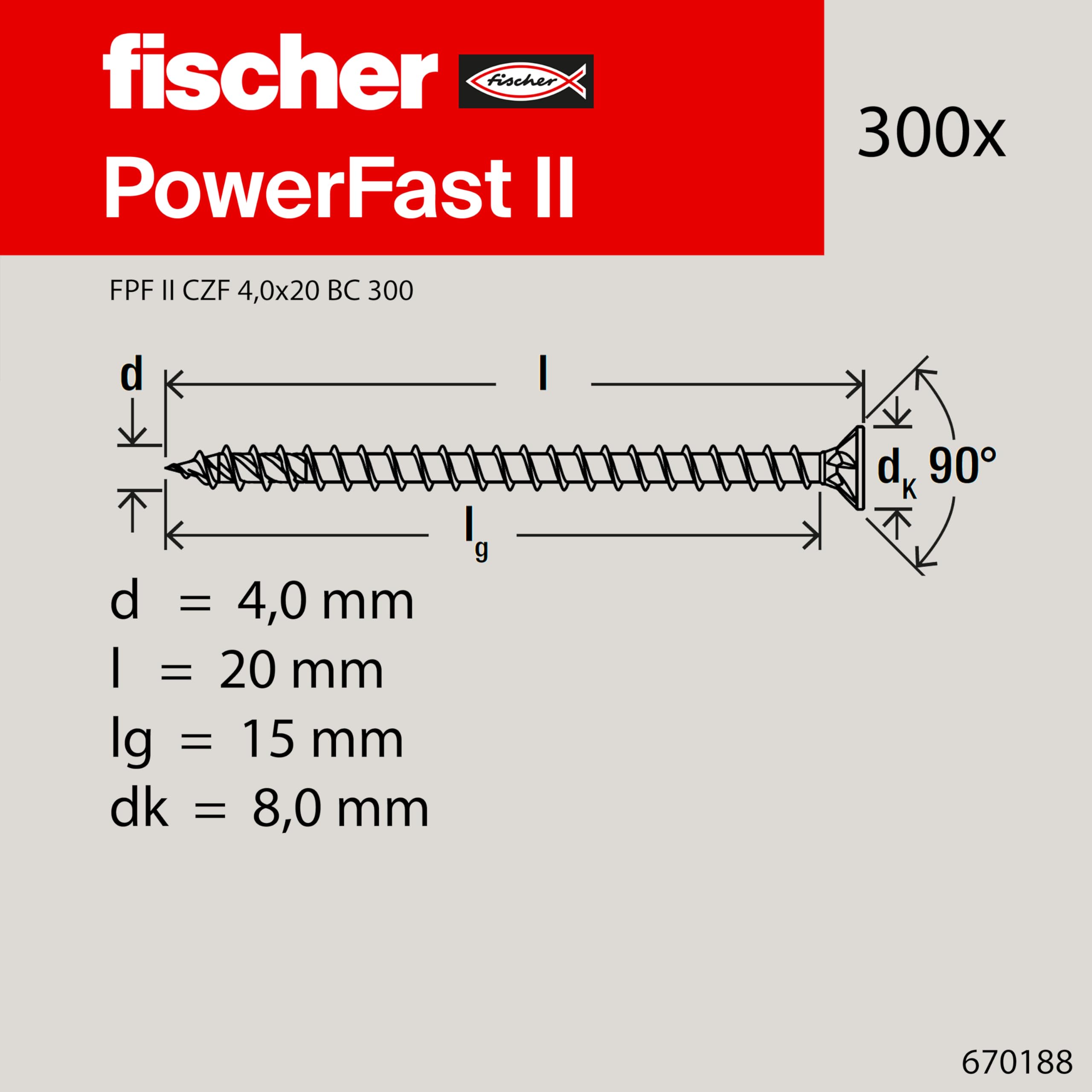 Fischer PowerFast II Viti Legno Truciolari Pozi CZF 4,0x20 Filetto totale, Testa svasata piana, Rivestimento in Cera, 300 Pz