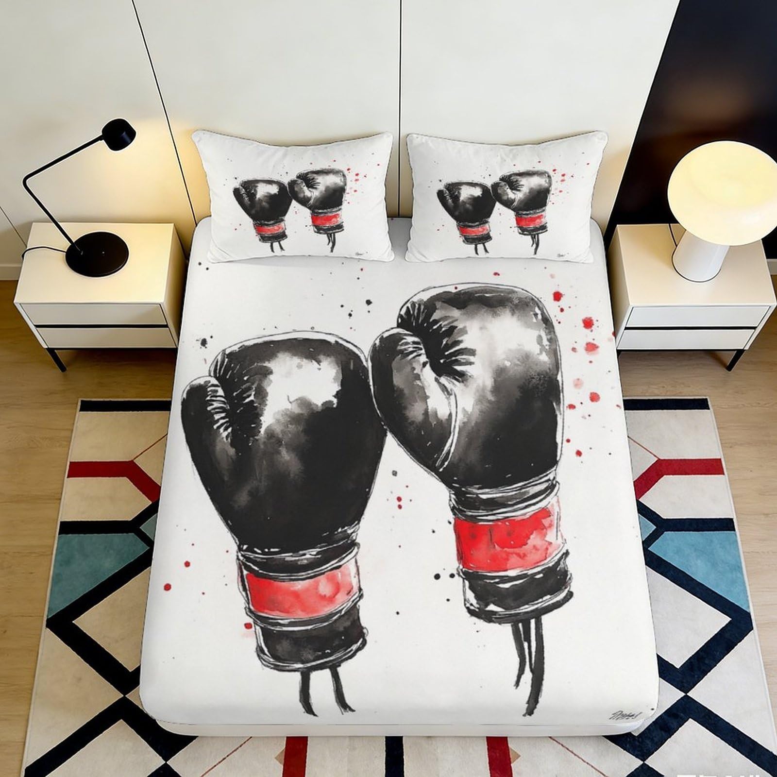 3D Printed Boxing Gloves Fitted Sheet Microfiber Non-Slip Deep Pocket Boxing Theme Mattress Fitted Cover Elastic Hem Washable 120x200x25cm
