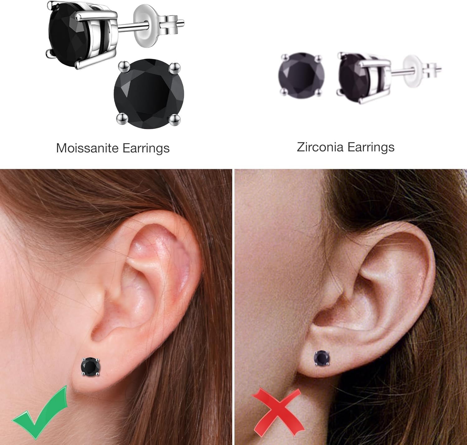 Moissanite 1.0CT Women's Stud Earrings, 925 Sterling Silver with 18K White Gold Plated Stud Earring, Black Round Cut Moissanite Earrings for Women Men Earrings - Image 7
