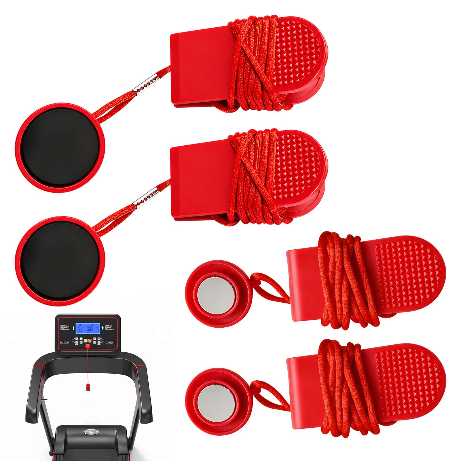 Treadmill Safety Key Replacement, Treadmill Magnet with Magnetic Stop Function, Universal Exercise Machine Accessories for Home Use, Four-Piece Set in Red with Two Style Variations