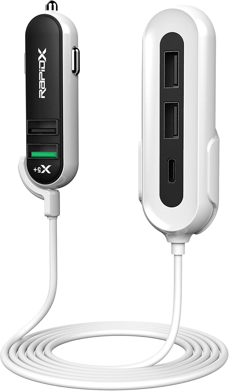 Greatest Product RapidX X5 Plus Car Charger 5 USB Ports QC 3.0/Type C Black on White
