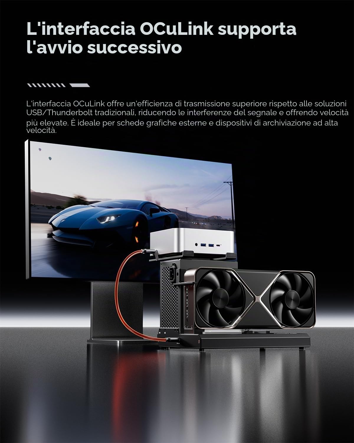 AOOSTAR EG01 eGPU Docking Station con OCuLink, Scheda grafica esterna GPU Dock PCIex16(PCIe4.0x4) 64Gbps, 150W DC, supporta alimentatore ATX/SFX, per mini PC/computer portatili/schede grafiche