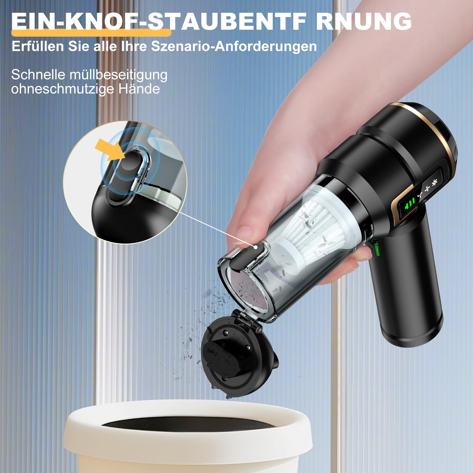Handstaubsauger Akku 4-in-1 mit LCD Display, Auto Staubsauger Stark 28000PA Kabellos, 3-Stufen 240000 U/min Mini Staubsauger mit Bildschirm für Auto, Küche, PC, Sofa, Büro, Haus & Tierhaare
