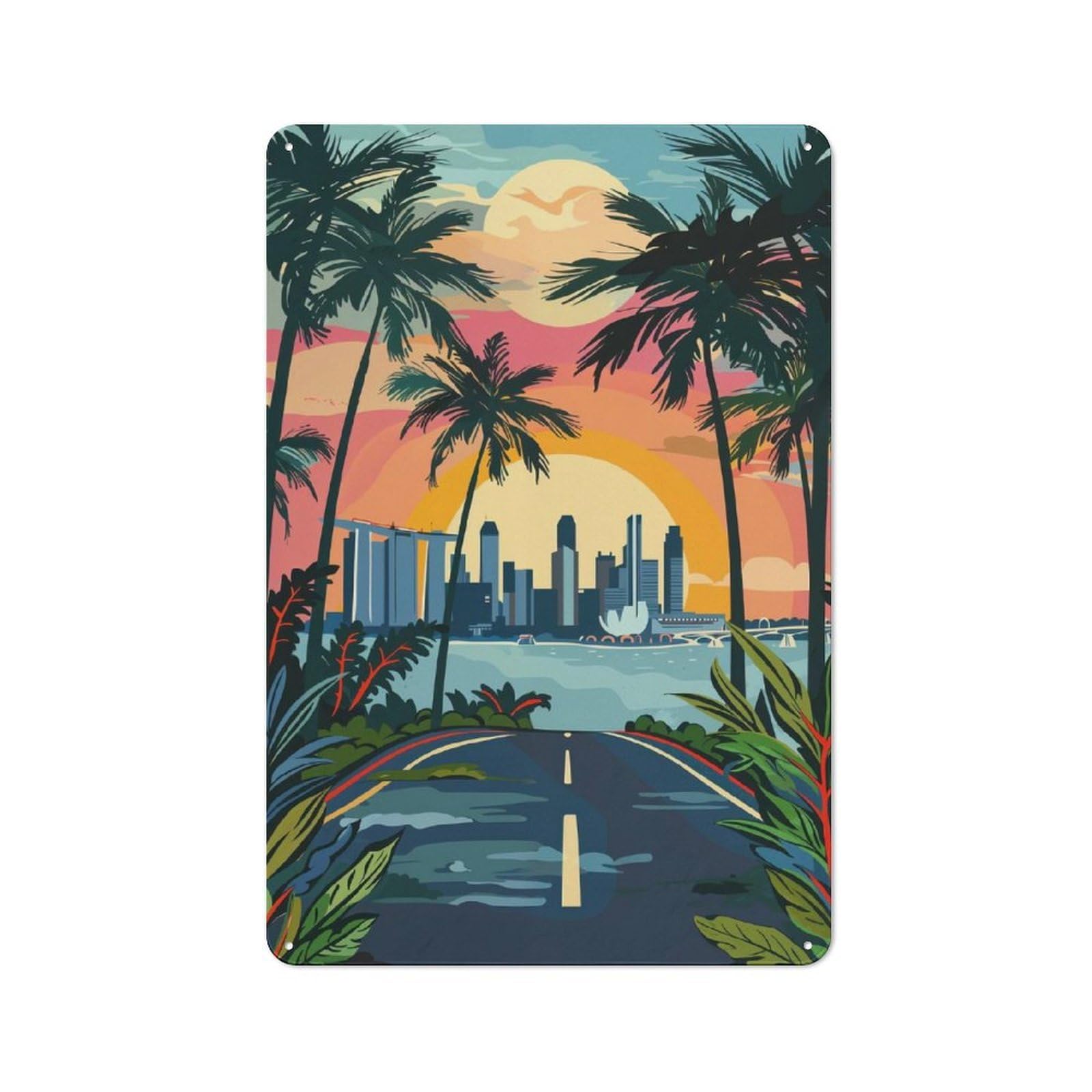 Junmoney Singapore Sunset Cityscape Tin Wall Plaque 30X20cm With For Man Cave Or Games Room, A New Home Present For Leisure-Room Decor Enthusiasts