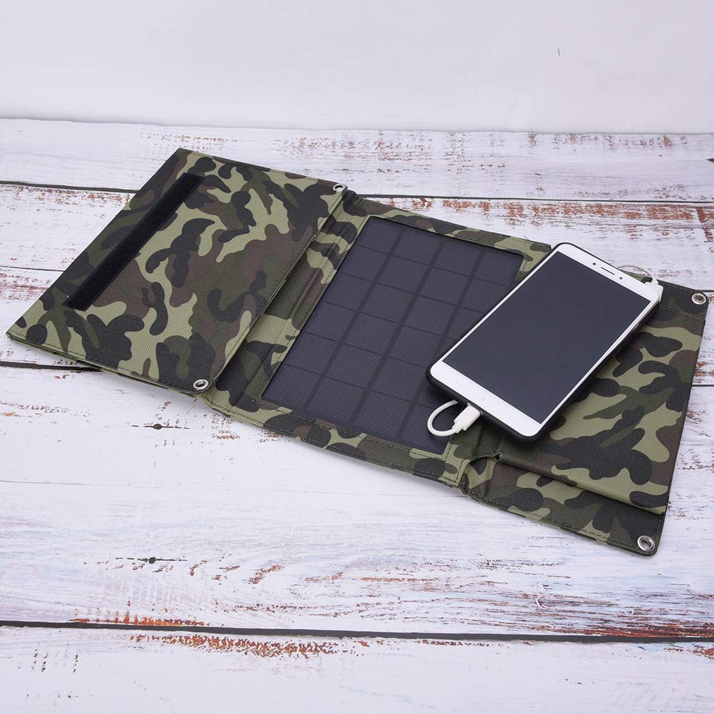 Cargador solar portátil plegable de 12 W, alta eficiencia, con batería de 5000 mAh, para camping, viajes, teléfono, batería externa, enchufe USB universal