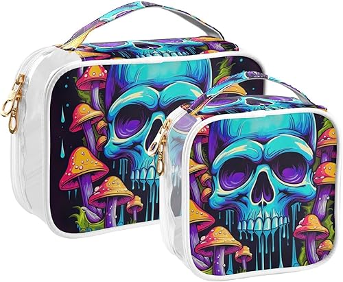 Skull Mushrooms Clear Toiletry Bag for Traveling,2 Pack Makeup Cosmetic Bag with Zipper,Travel Bag for Toiletries,Travel Essentials 21214501