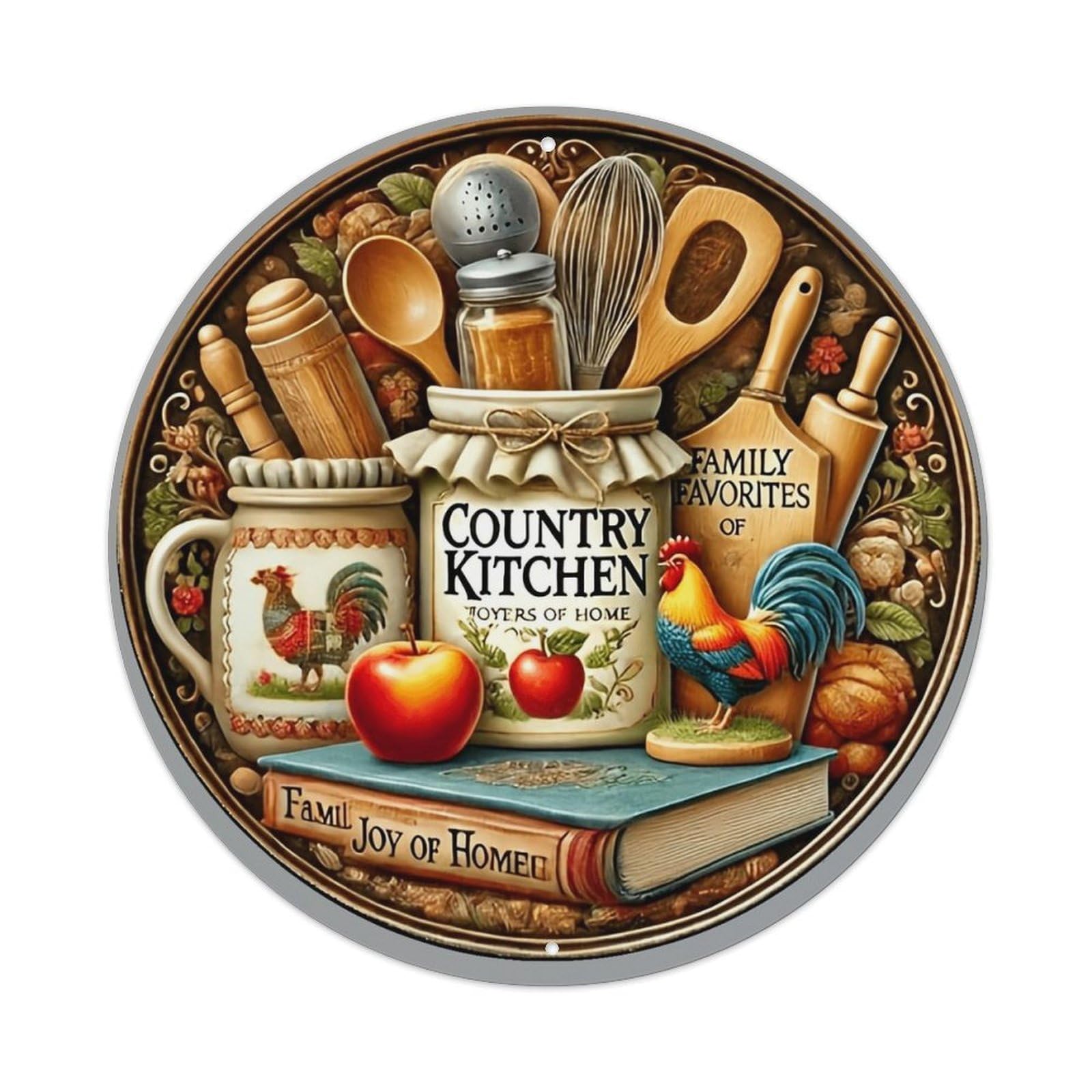 Country Kitchen Rooster Apple Book Round Metal Tin Sign Vintage Wall Decor, Bar Garage Cafe Kitchen Home Wall Art Poster 8x8inches
