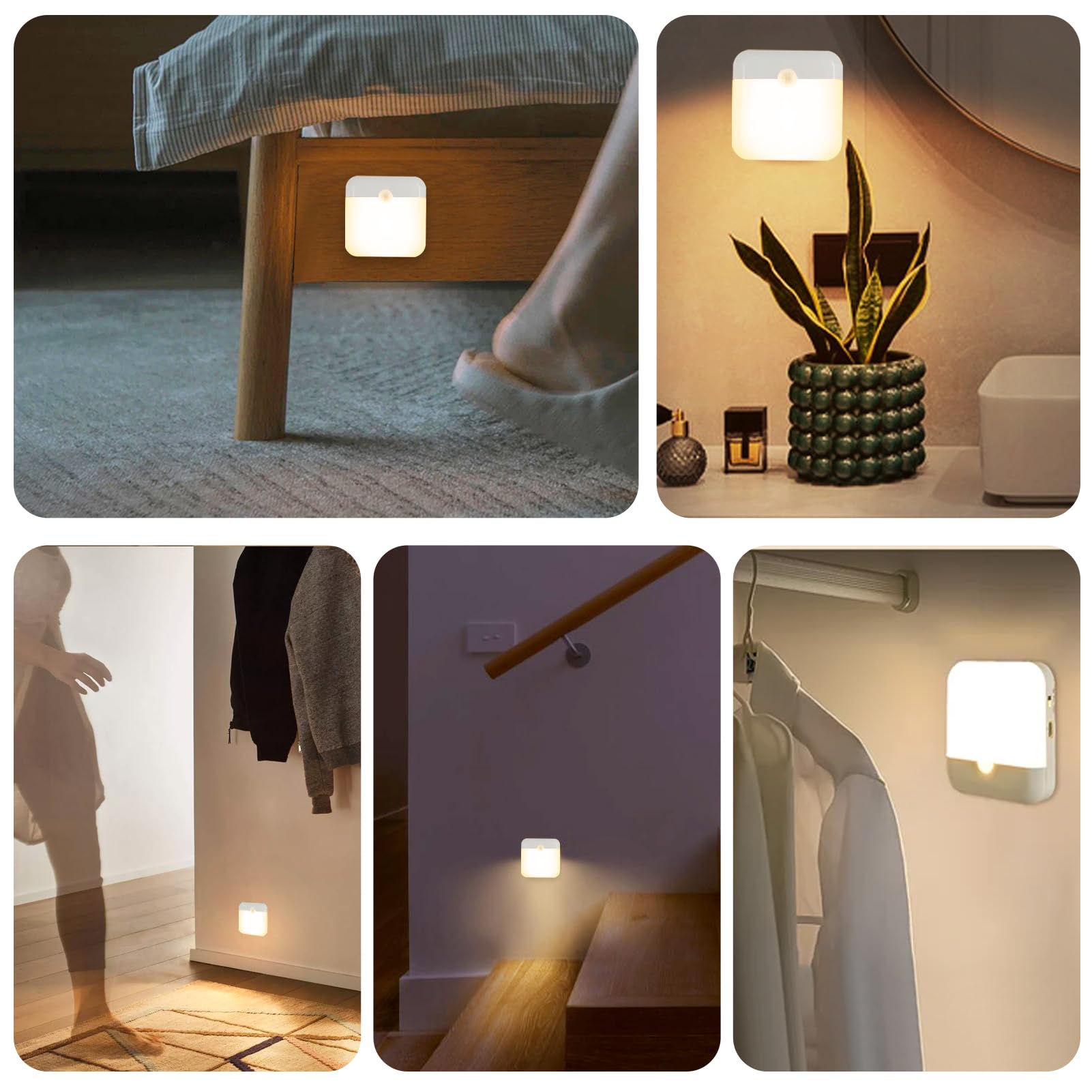 Confezione da 2 luci notturne magnetiche a LED con sensore di movimento, batterie ricaricabili portatili, mini luci notturne attivate dal movimento, con cavo USB, per armadietti interni, scale