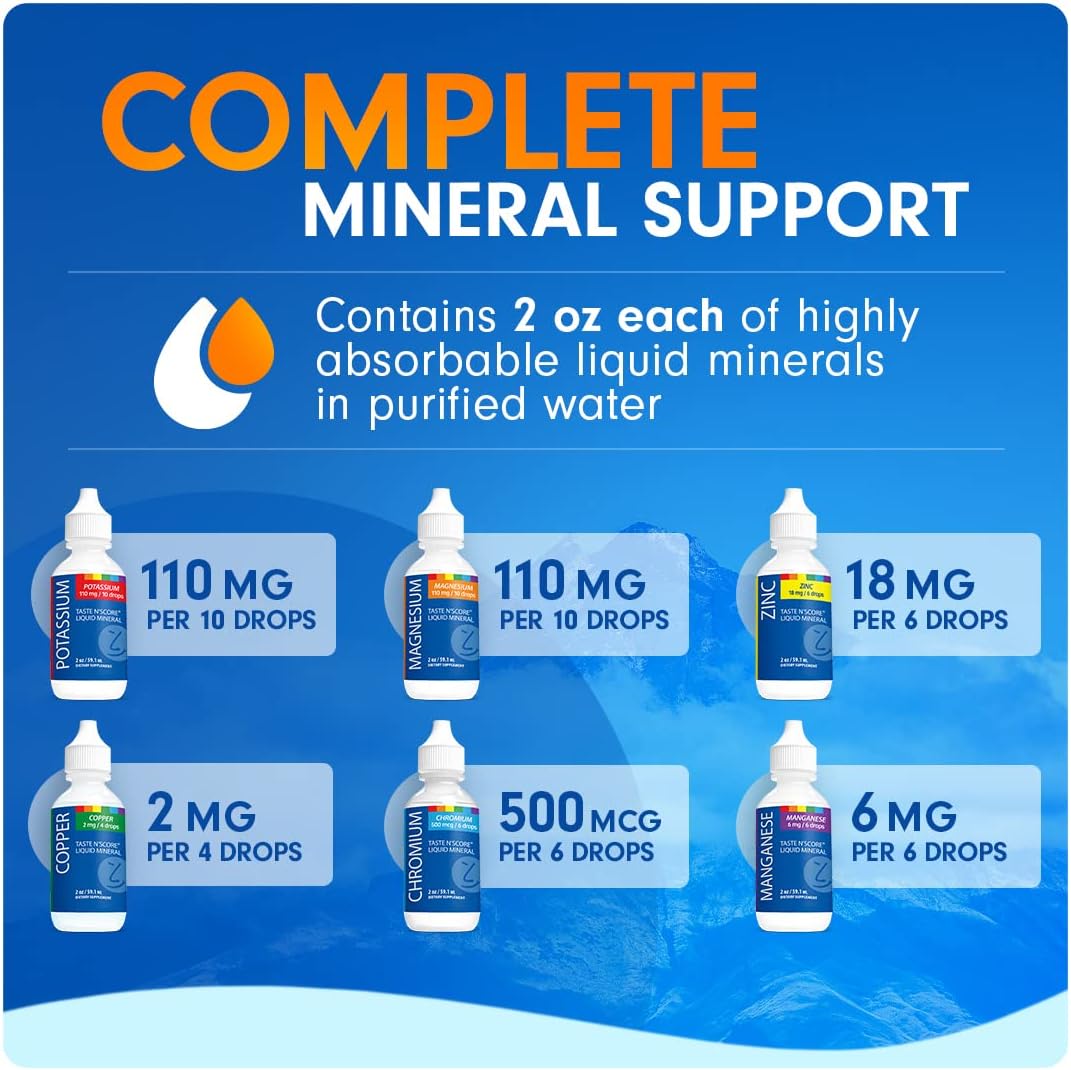 Lyte Balance Taste N' Score Liquid Minerals Kit - 6 Pack, 2 oz Bottles | 100% Pure Dietary Potassium, Zinc, Manganese, Copper, Chromium & Magnesium Drops