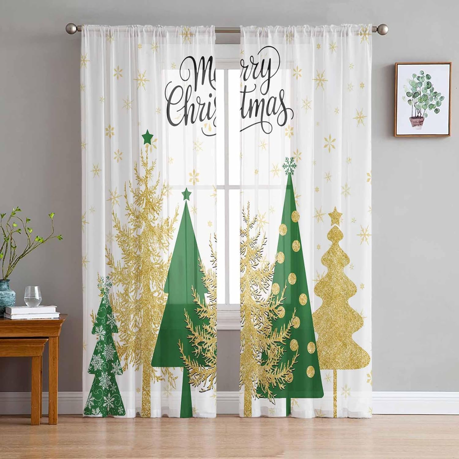 Christmas Tree Semi Sheer Curtains 63" Long 2 Panels, Light Filter Window Treatments Curtain Snowflakes Art Decoration Rod Pocket Drapes for Living Room Bedroom Decor Each 52" W x 63" L