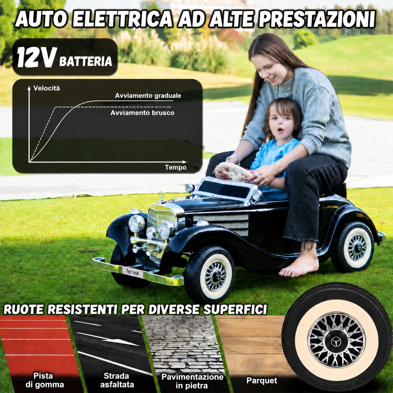 Auto elettrica per bambini, 12 V, con telecomando, luce LED e musica, colore nero