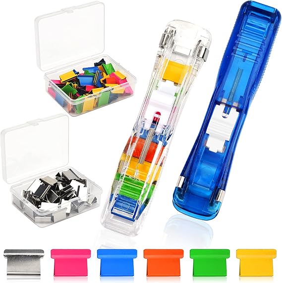 Vibbang 2Pcs Reusable Staplers, Push Stapler Office Paper Clamps Portable Mini Stapler, Refill