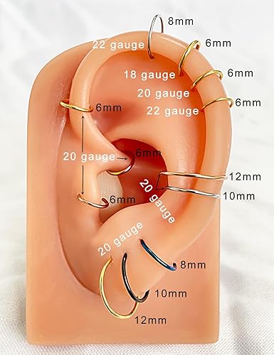 Miniatura 5 de Juego de 4 aretes de aro pequeños de 22 G, 20 G, 18 G, 0.236-0.472 in, oro, plata, oro rosa, negro, azul, arco iris, para cartílago, nariz, tragus,