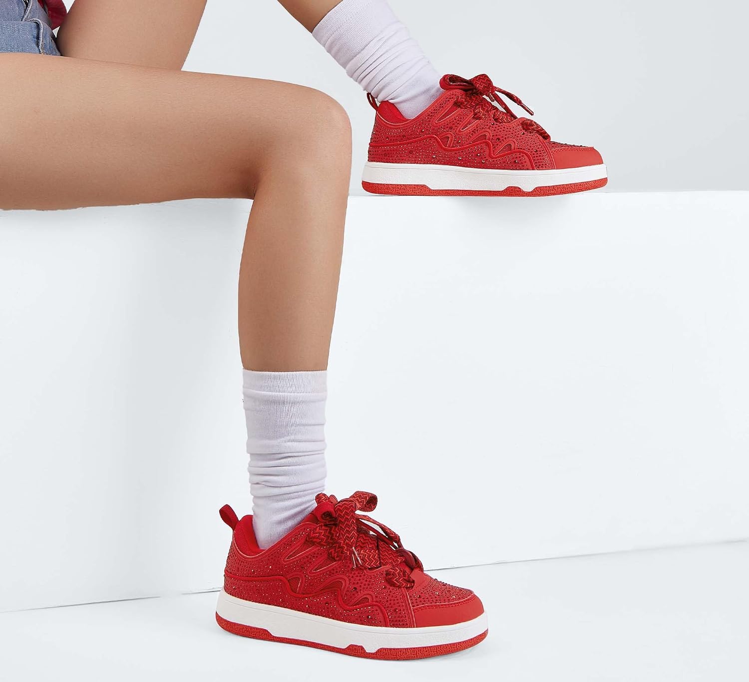 LUCKY STEP Women's Sparkle Rhinestone Fashion Sneakers Walking Tennis Bling Glitter Roaring Shoes Platform Lace up Casual Mesh Sneaker - Image 2