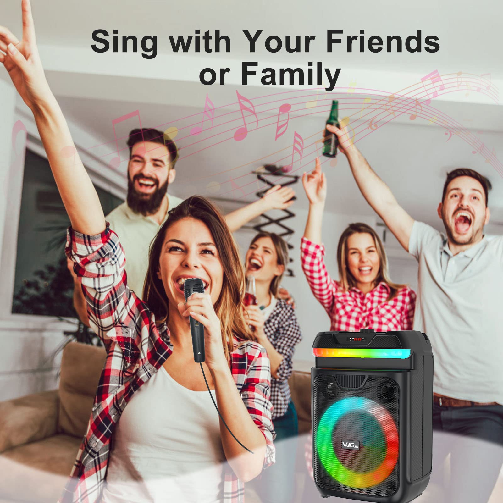 Karaoke Machine for Kids, VuiGue Portable Bluetooth Speaker PA System with Wired Microphone, LED Lights, Remote Control, Supports Tf Card/USB/AUX Input, Ideal for Home Karaoke, Party (VS-0503)