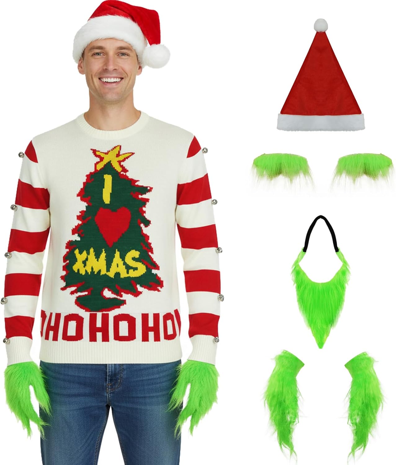 Christmas Sweater I Love Xmas Striped Sweater Women Funny Christmas Ugly Pullover Men’s Santa Hat Beard Gloves Set