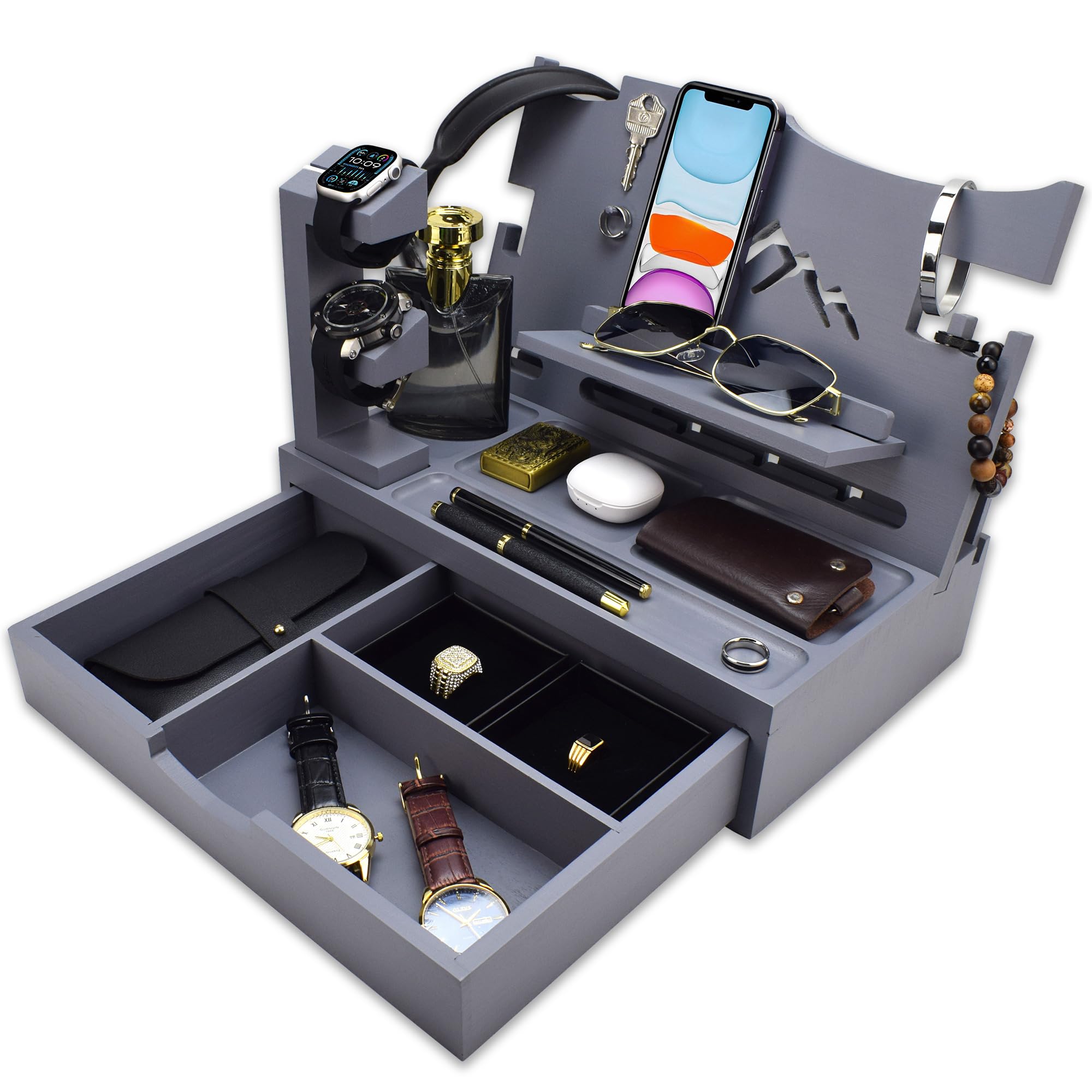 Nightstand Organizer for Men with Large Drawer, Birthday Gifts for Men, Phone Docking Station, Bedside Organizer for Nightstand for Apple Watch, Laptop (Grey, Solid Wood)