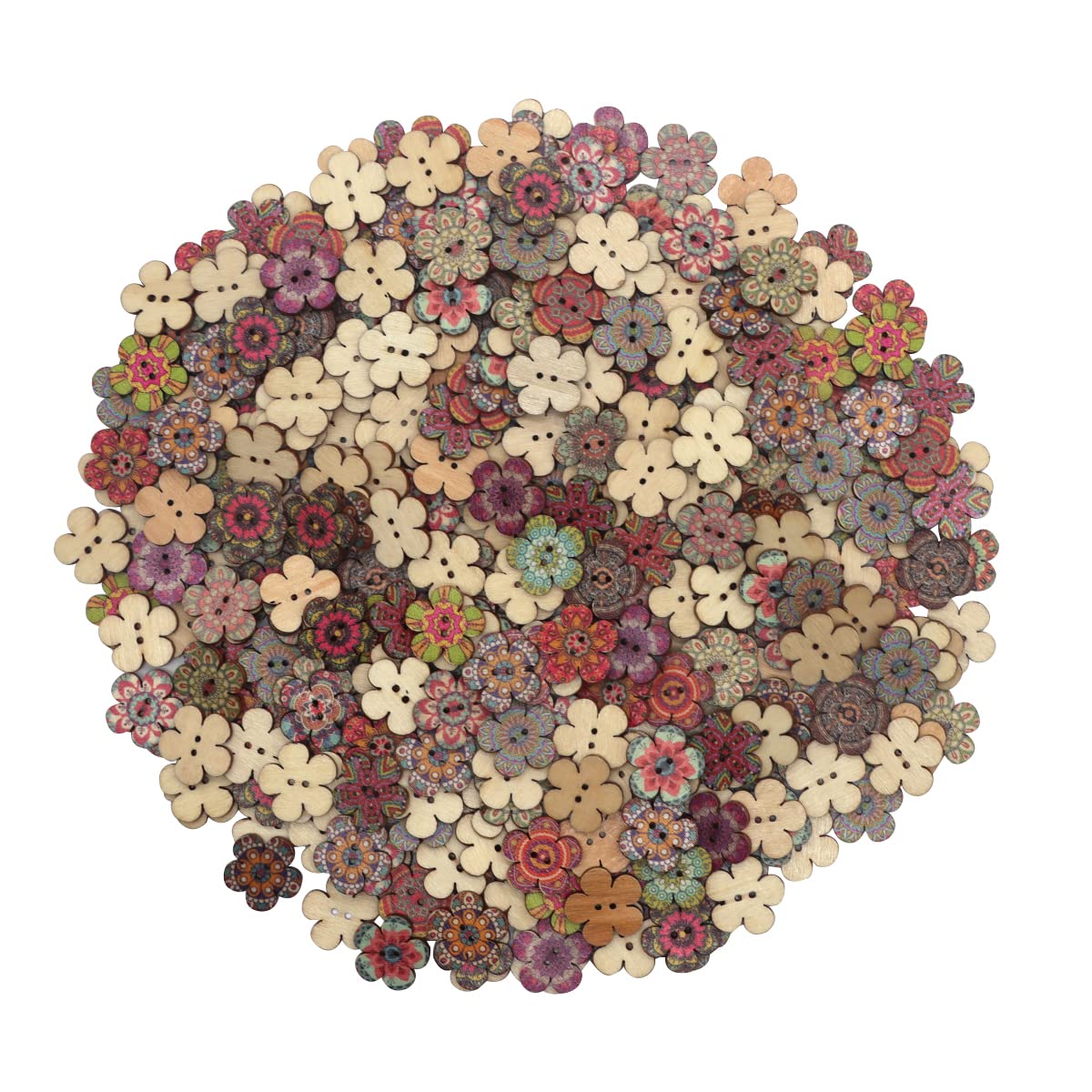300 Pcs Mixed Random Painted Flower Painting Round 2 Holes Wood Wooden Buttons for Sewing Crafts DIY Projects 20mm,No.11