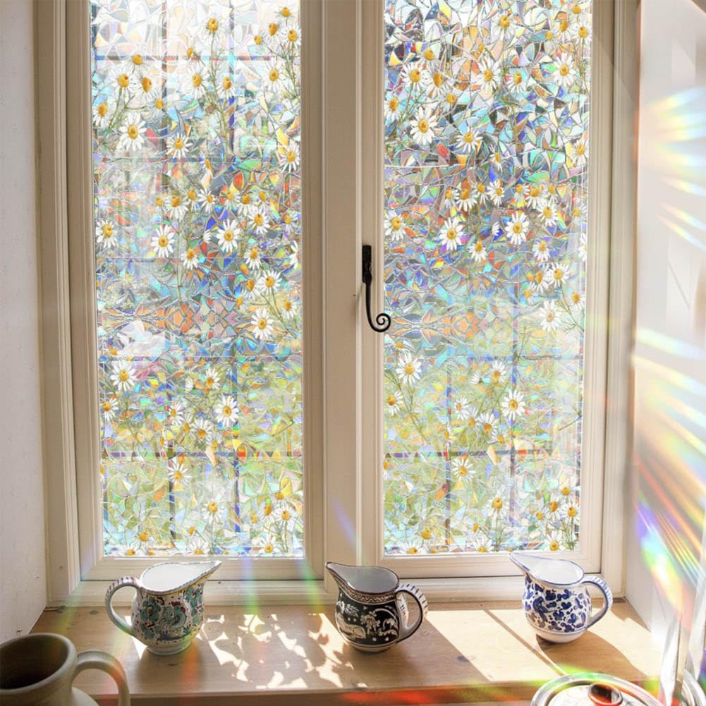 Static Cling Decorative Window Film Vintage Daisy Flower Window Privacy Film PVC Stained Glass Window Sticker Heat Blocking Window Coverings for Bathroom Living Room Kitchen,43x100cm - Image 4