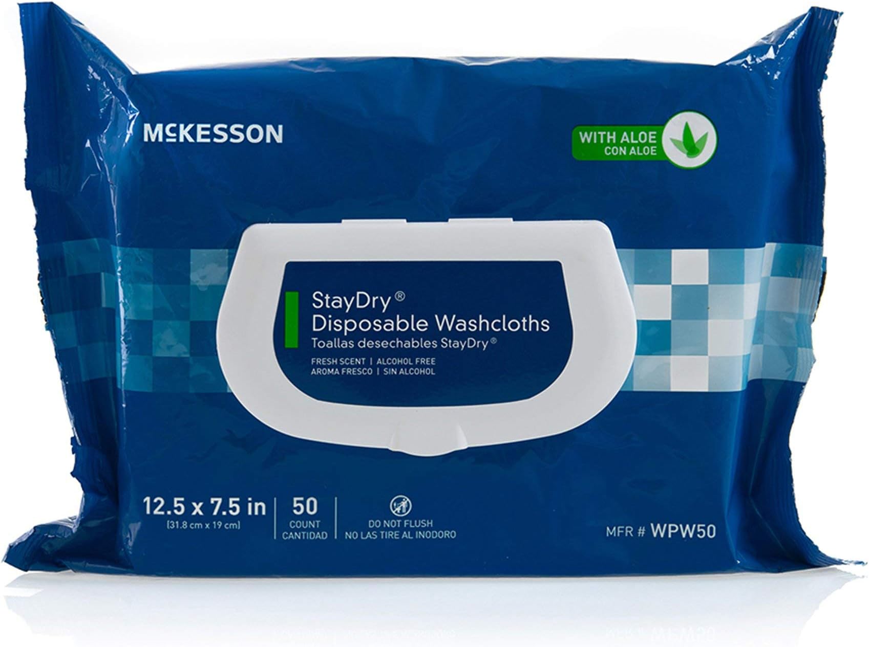 McKesson StayDry Disposable Wipes or Washcloths for Adults with Aloe, Incontinence, Alcohol-Free, 50 Wipes, 12 Packs, 600 Total