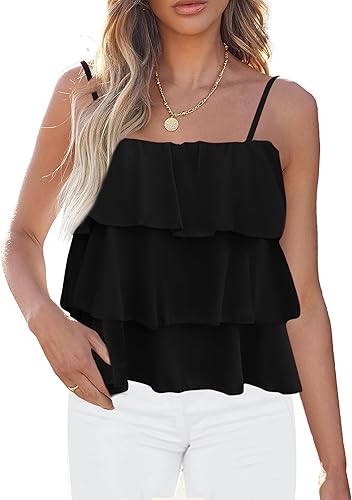 KIRUNDO Blusa tipo babydoll con volantes y tirantes delgados para mujer, para verano, en capas, para playa, moda, vacaciones, crucero