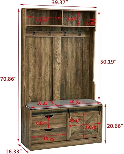 Miniatura 3 de JINS&VICO Banco de entrada de madera marrón claro con almacenamiento, 40.55 pulgadas de largo x 16.33 pulgadas de ancho x 70.86 pulgadas de alto