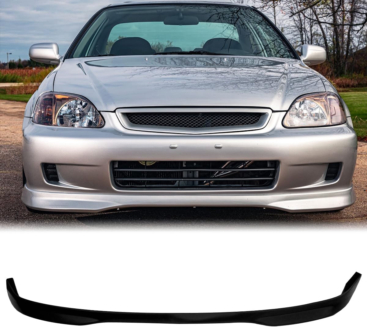 Front Bumper Lip, Compatible with 1999-2000 Honda Civic, Type R Style Flexible Polyurethane(PU) Front Lip Chin Spoiler Splitter, Unpainted Black