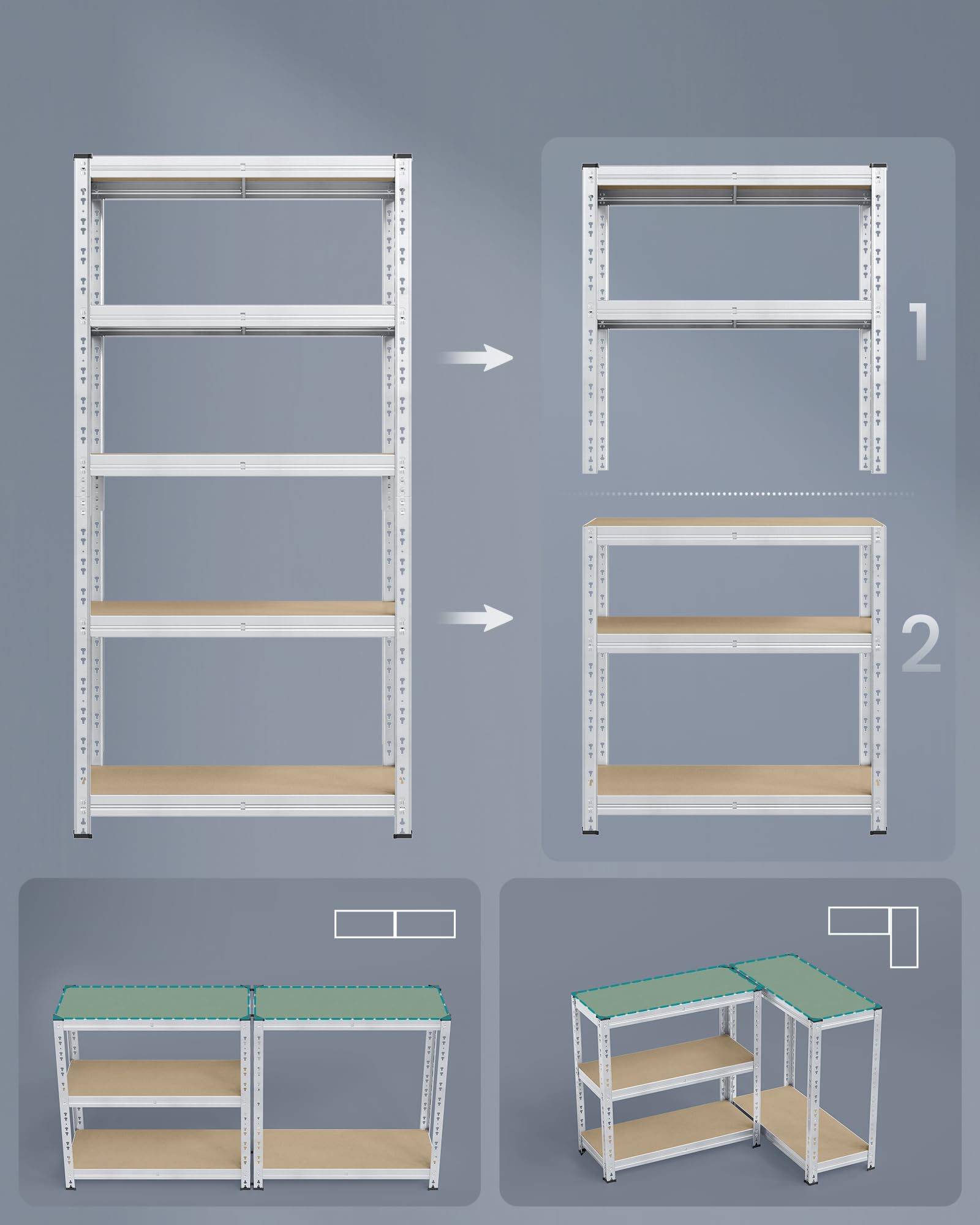 SONGMICS Étagère de Rangement Charge Lourde, Lot de 2, Étagère de Garage 40 x 90 x 180 cm, Capacité de Charge Jusqu’à 875 kg, Montage Facile, Tablettes Réglables, Argent GLR455E01