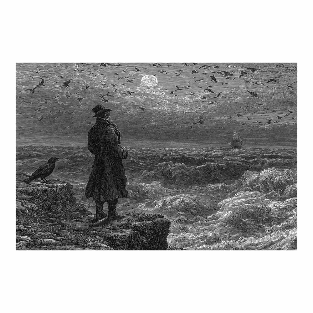 XENIOU Black White Canvas Print Cliff Man Moon Seabirds prints for walls, canvas wall art for Living Room Bedroom Bathroom Home Office Wall Decoration(Multicolor)-70x100cm Unframed