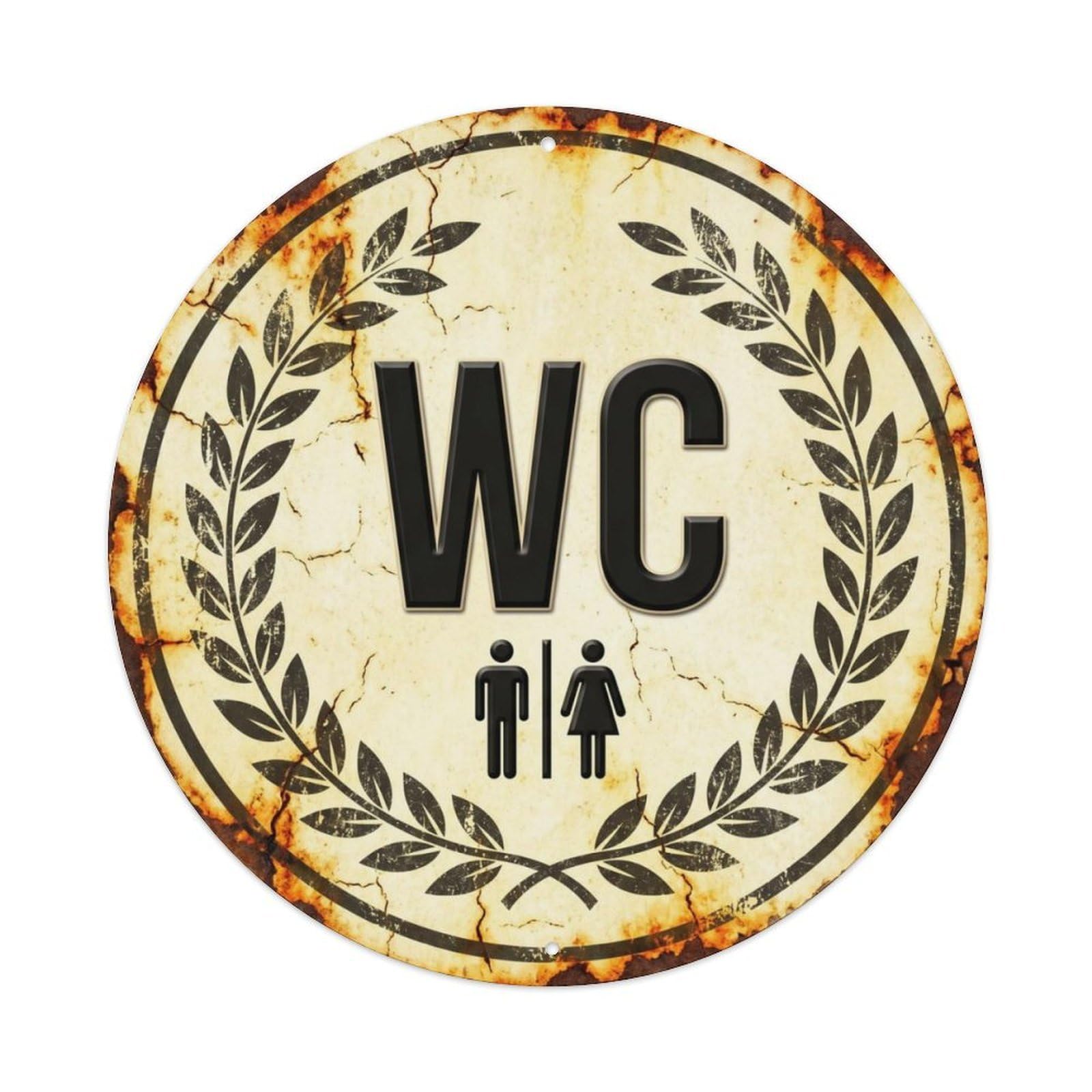 Toilet （WC） Weathered Ivory Wall Metal Tin Sign Plaque Wall Decor for Cafe, Club Bar, Office, Home Garden Round Metal Poster 8x8Inch