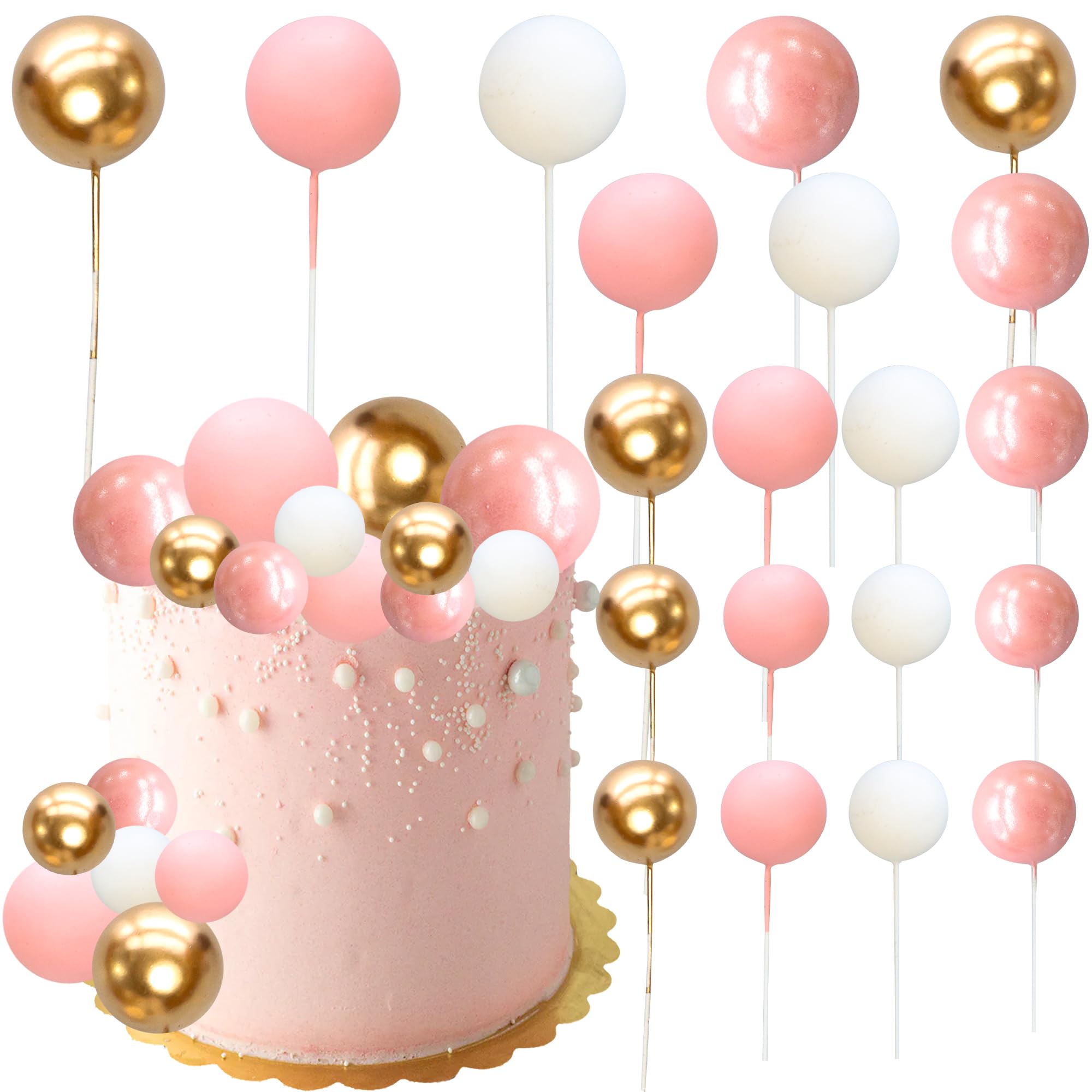 Ephlyn 32Pcs Ball Cake Topper Foam & Wire Decorations Mini Balloons Cake Topper Sticks for Wedding Party Birthday Cake Decorating Gold White Pink Rose Gold — image 1
