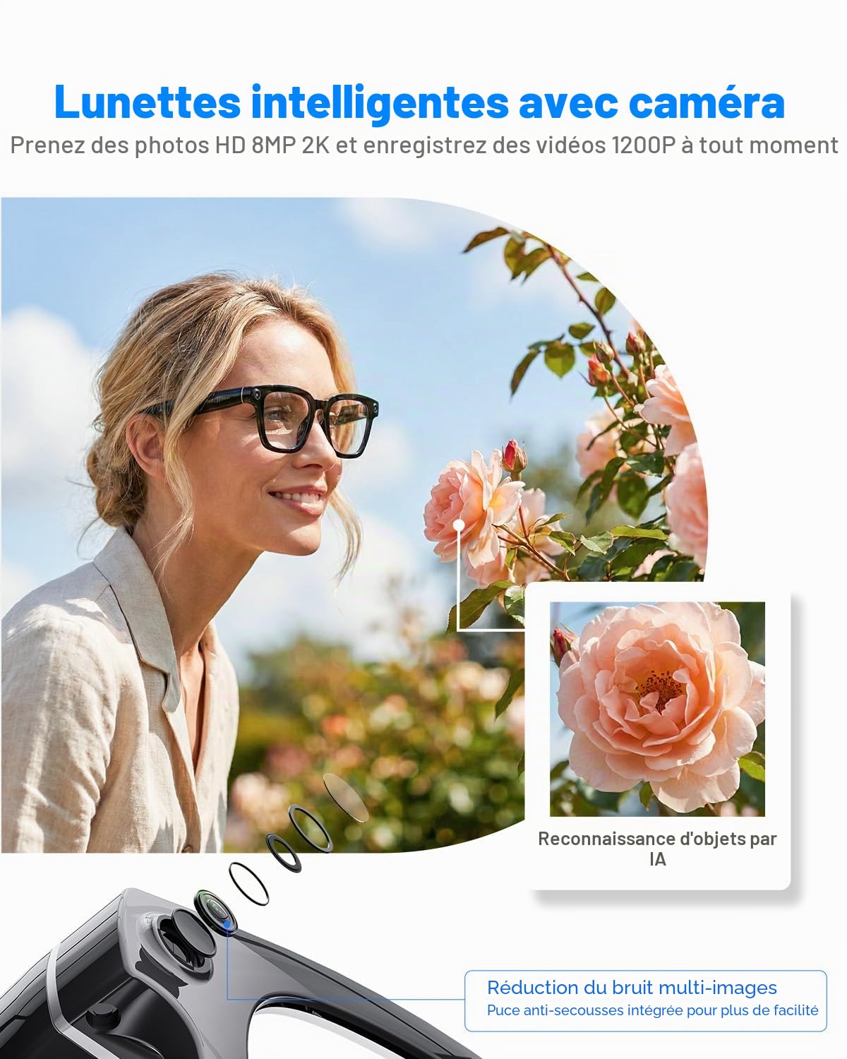 Lunettes Intelligentes 2026 Avec Caméra et Bluetooth, 8 Mpx, 32 Go, HD 1200P, en Charge L'enregistrement Photo/Vidéo/Audio, La Traduction en Temps Réel, L'assistant Vocal et La Reconnaissance D'objets