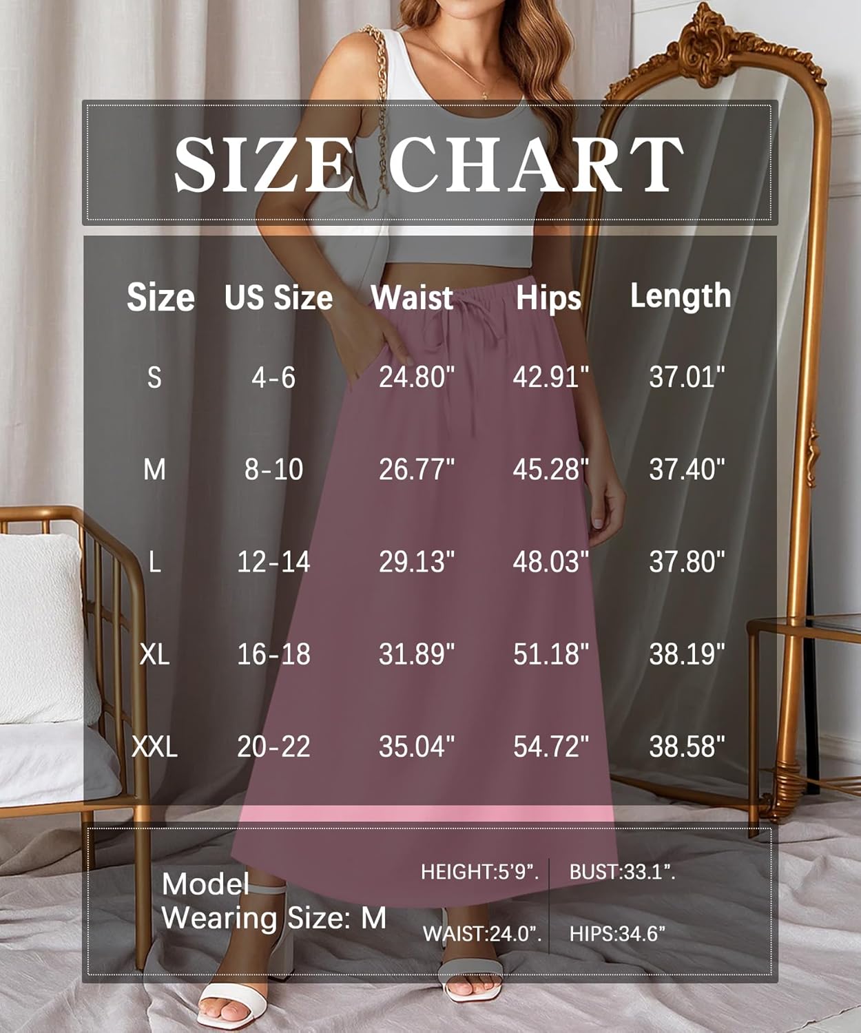 NILOUFO Womens Maxi Skirts High Waisted Adjustable Elastic Waist with Pockets Beach Flowy Casual Long Skirt - Image 6