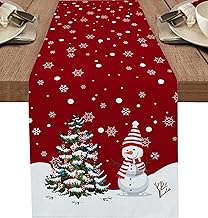 Merry Christmas Cotton Linen Table Runner Dresser Scarves,Winter Snow Xmas Tree Snowman Snowflake Table Runners for Dinning Table,Farmhouse Kitchen Decor,Holiday Dinner Decoration-13x108 Inch