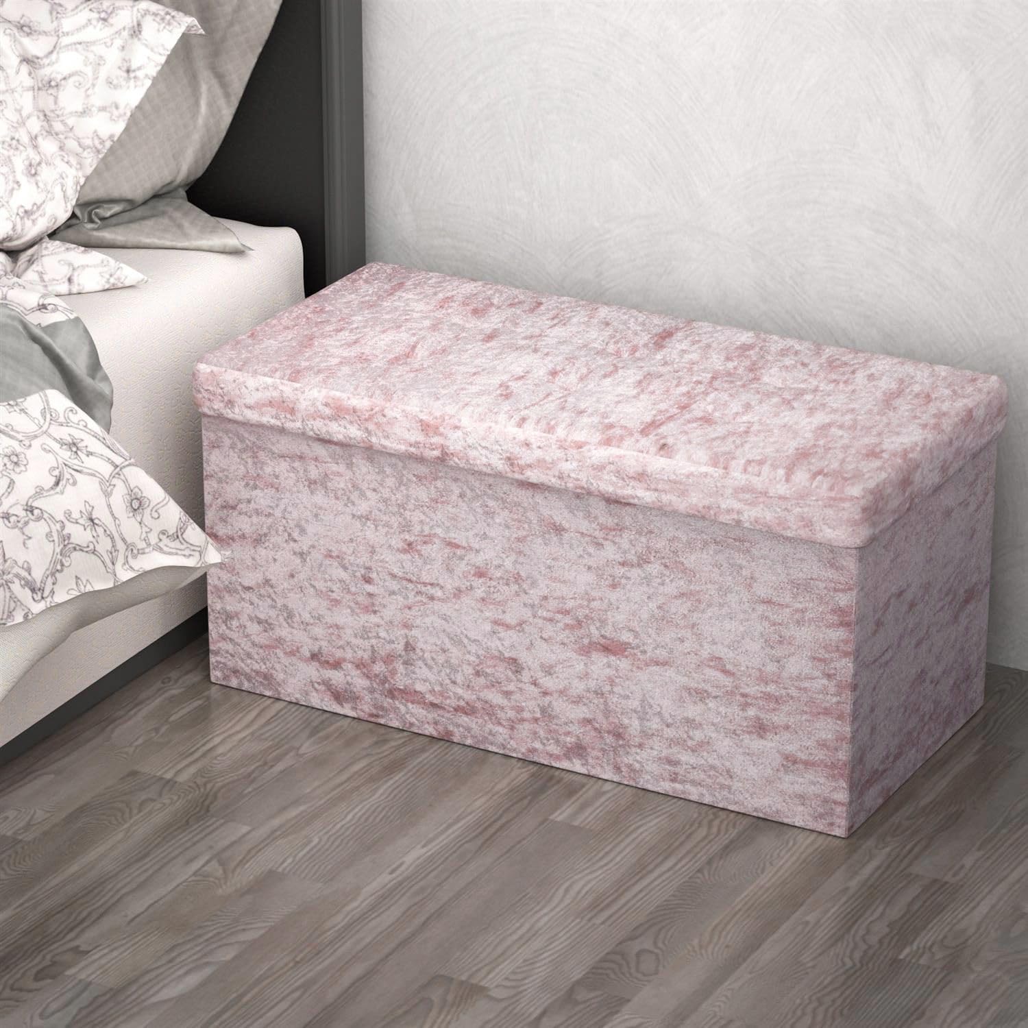 INTIRILIFE Banco Plegable 76x38x38cm en Terciopelo Rosa - Asiento Cubo con Espacio de Almacenamiento y Tapa con Funda de Terciopelo - Asiento Cubo reposapiés Plegable Caja de Almacenamiento Cofre