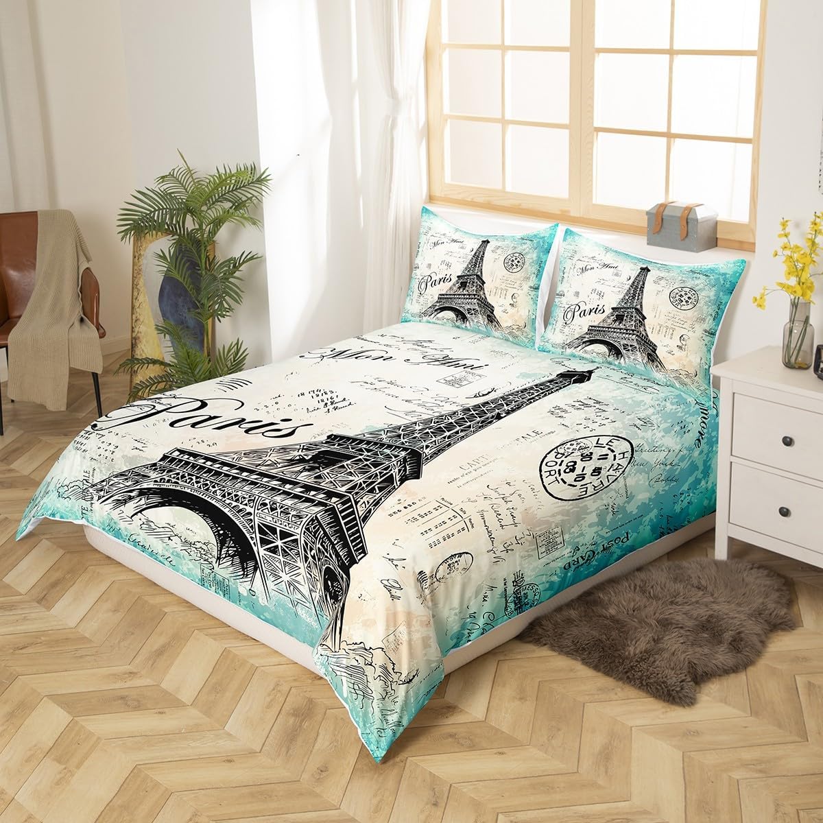 Eiffel Tower Duvet Cover Girls Women Chic Retro Paris Theme Bedding Set Kids Teens Vintage Paris Cityscape Comforter Cover Bedroom Decor French Teal Bedspread Cover Twin Size With 1 Pillow Case
