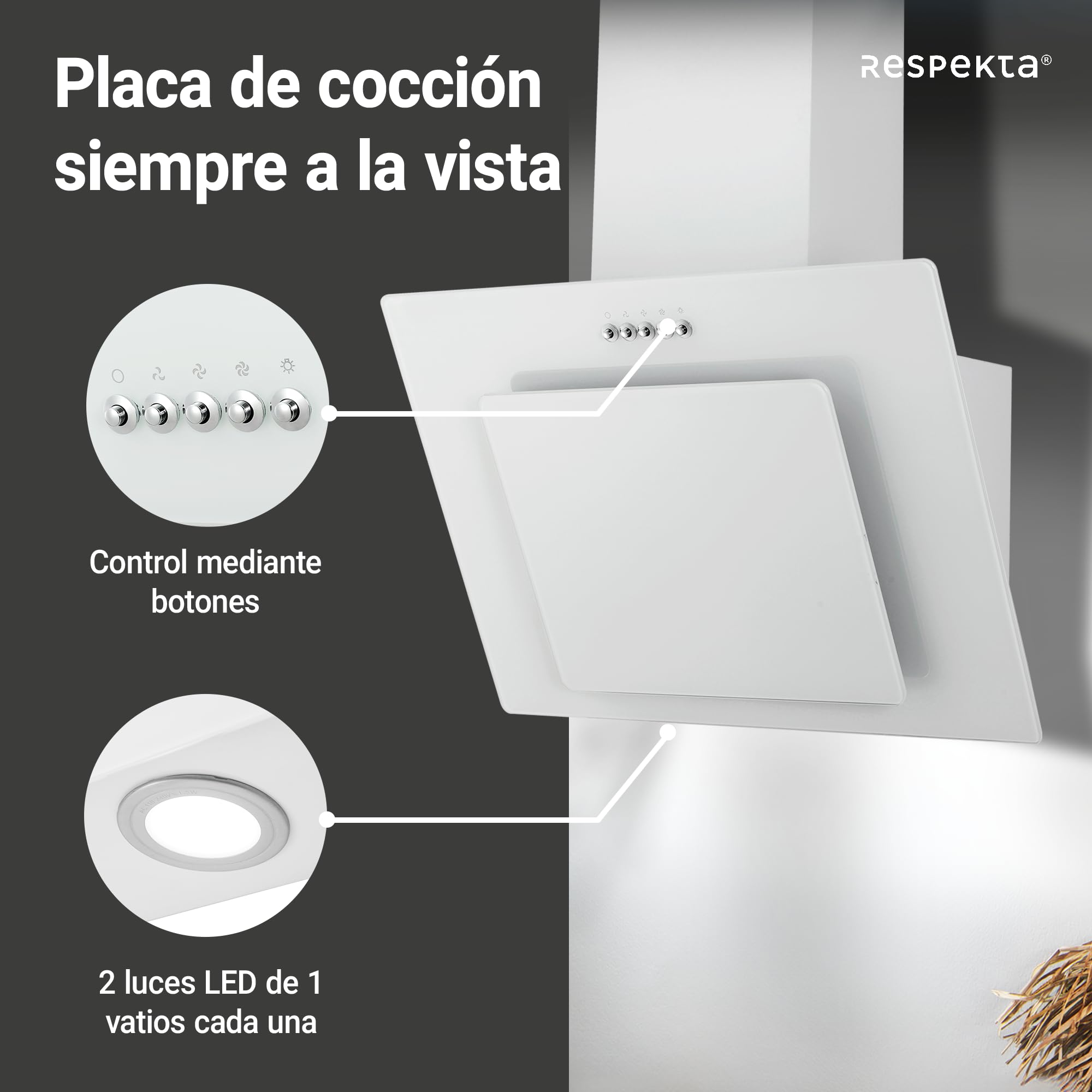 Respekta campana extractora 60 cm sin cabeza | campana aspiradora inclinada | carcasa de metal con pantalla de cristal en blanco | funciones escape y recirculación | CH21060WBZ | A | 55-62 dB