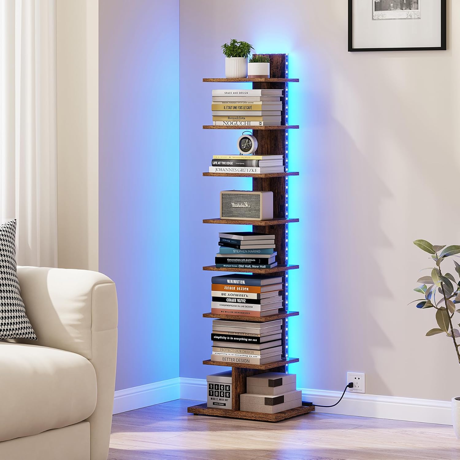 TUTOTAK Narrow Bookshelf, 8-Tier Bookcase with LED Lights, Spine Book Shelf for Small Space, Corner Standing Shelf for Living Room, Office, Study, Entryway, Rustic Brown BS06BB008L