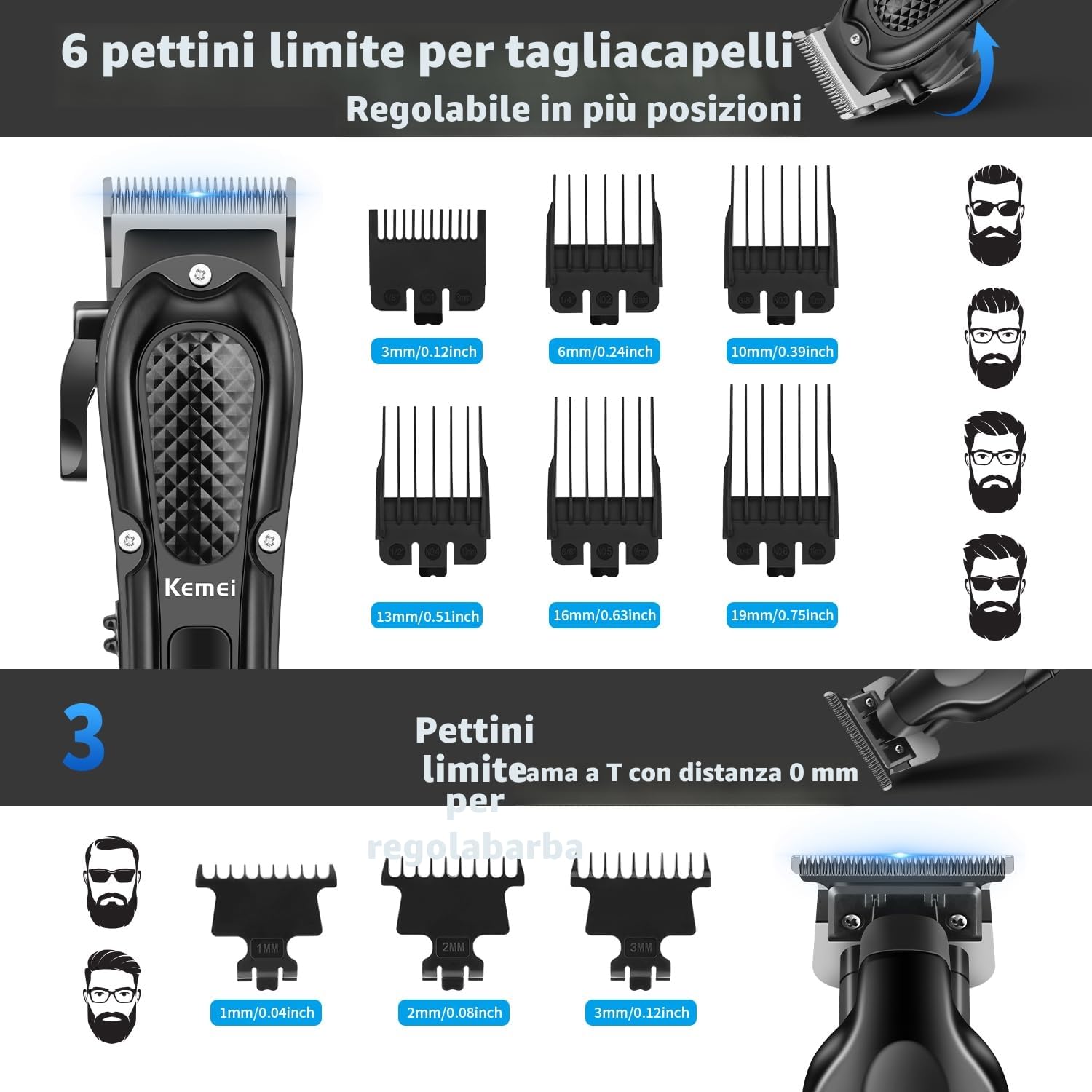 KEMEI Tagliacapelli professionale per uomo, set completo senza fili con trimmer a lama T, rasoio con lamina e 9 pettini guida