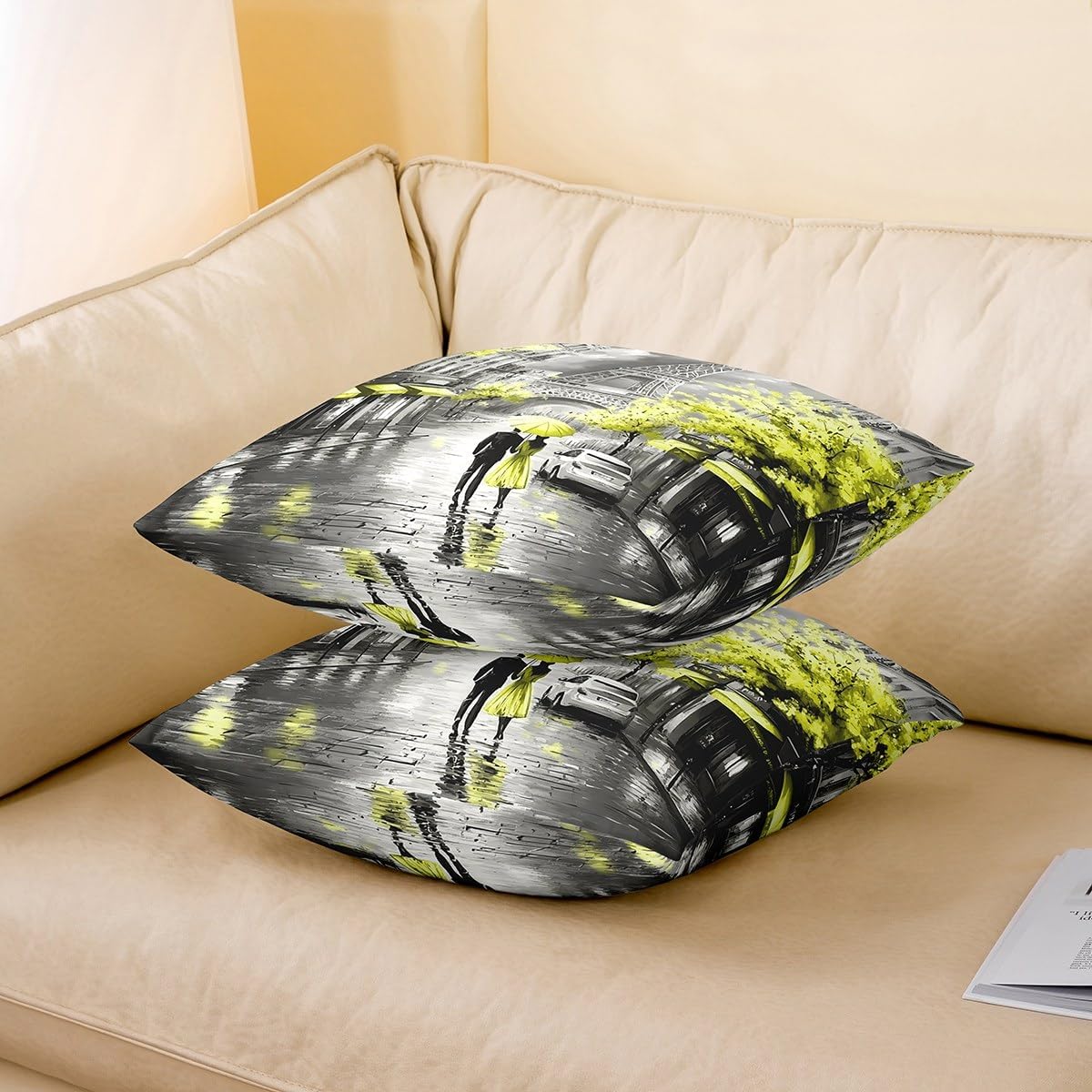Erosebridal Eiffel Tower Throw Pillow Covers Pack of 2,Paris of France Pillow Covers,Romantic City Cushion Cases,Watercolor Oil Painting Paris Decorative Pillow Covers,Yellow Valentine,24x24 Inch